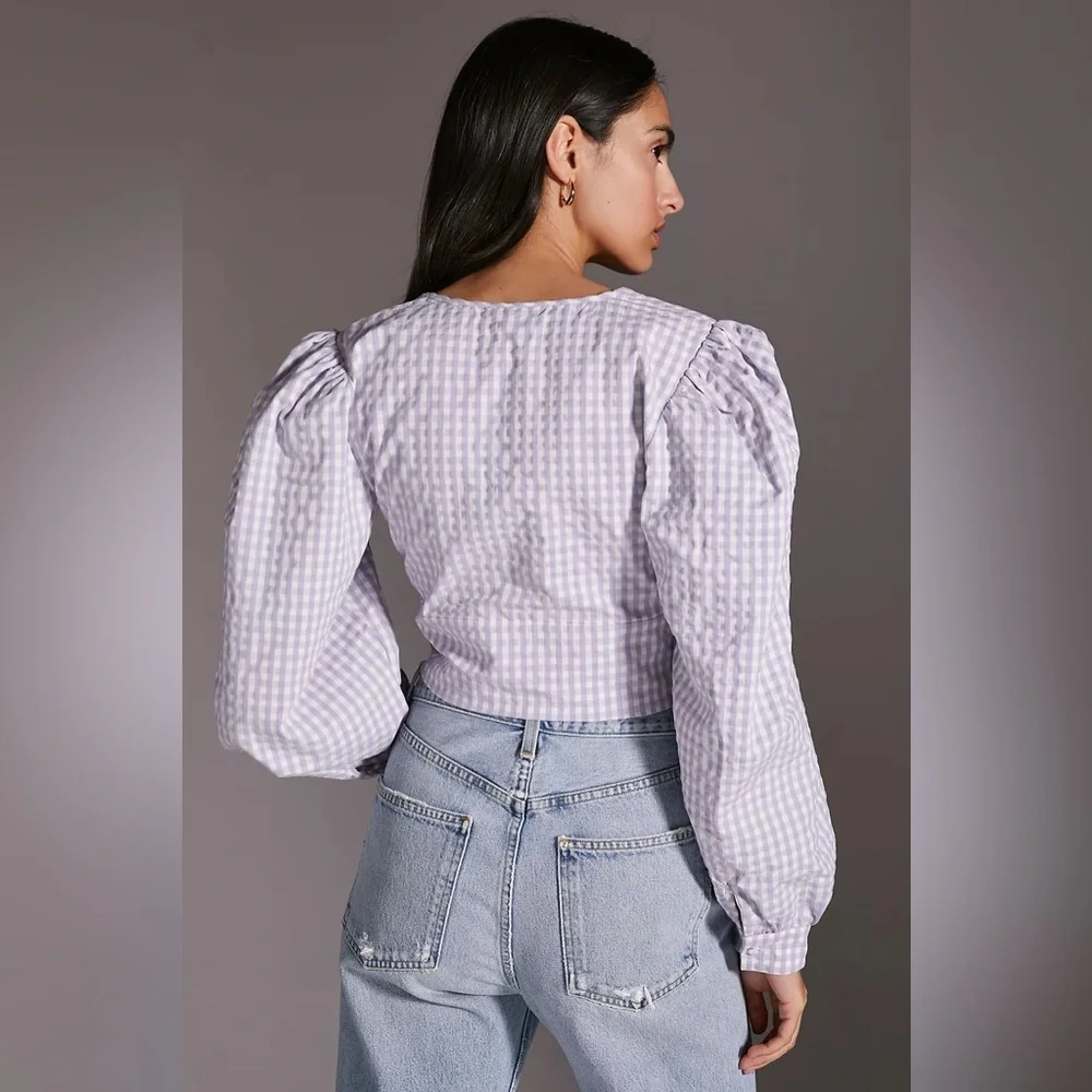 Anthropologie Maeve Crop Gingham Blouse Purple size 22W - Picture 3 of 14